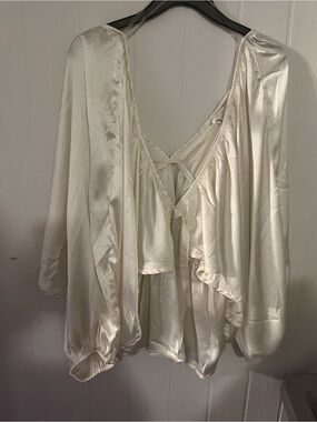 Truth NYC Ivory Satin V-Neck Draped Blouse